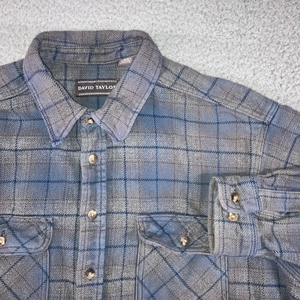 David Taylor Button Up Men XL Tall Gray Blue Plaid Flannel Shirt Work Outdoor